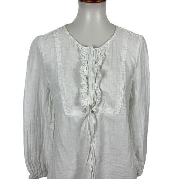 Poetry White Cotton Long Sleeve Ruffle Front Textured Boho Blouse UK 16 US L - Picture 2 of 6